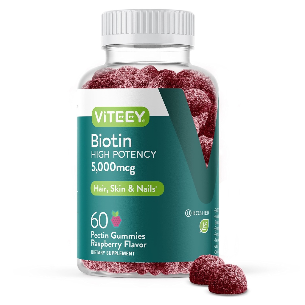 Vite Biotin Gummies for Hair Skin and Nails - Biotin for Hair Growthmies - 5000 mcg - טבעוני, Gluten-Free, non-GMO - 60 Count