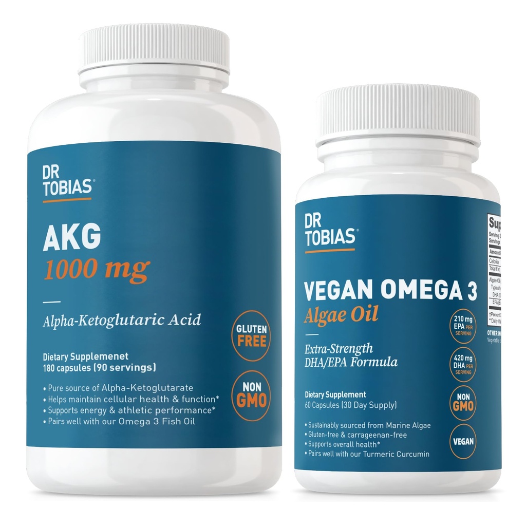 ד"ר Tobias AKG תוסף & Vegan אומגה 3 שמן Algae, תמיכה באנרגיה סלולרית ובריאות כוללת עם AKG, EPA & DHA, טבעוני, Gluten-Free, non-GMO