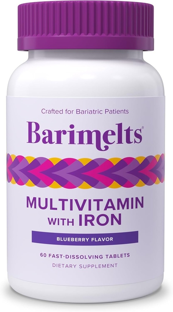 BariMelts Bariatric Multivitamin עם ברזל - 1 חודש אספקה (60 טבליות מהיר-Disshoot) - סוכר חינם - פוסט-Op Bariatric ויטמינים - Natural Blueberry Flavor