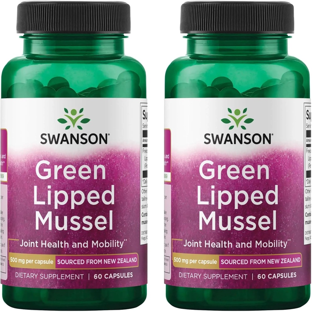 Swanson Green Lipped Mussel (Freeze-Dried) - תוסף בריאות משותף של ניו זילנד וניידות - Natural Formula May Support Heart Health & Digestive Function - (60 קפסולות, 500 מ"ג כל) (2 Pack)