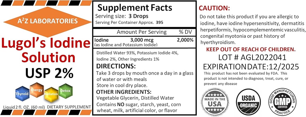 2 x 2 OZ Pack A2Z אורגני Lugol של Iodine ו- Potassium Iodide 2% פתרון 3000 mcg - טיפות נוזלים לתמיכה Thyroid עבור נשים וגברים, Metabolism בריאות, Detox Boost -2X 2 Fl Oz /USA