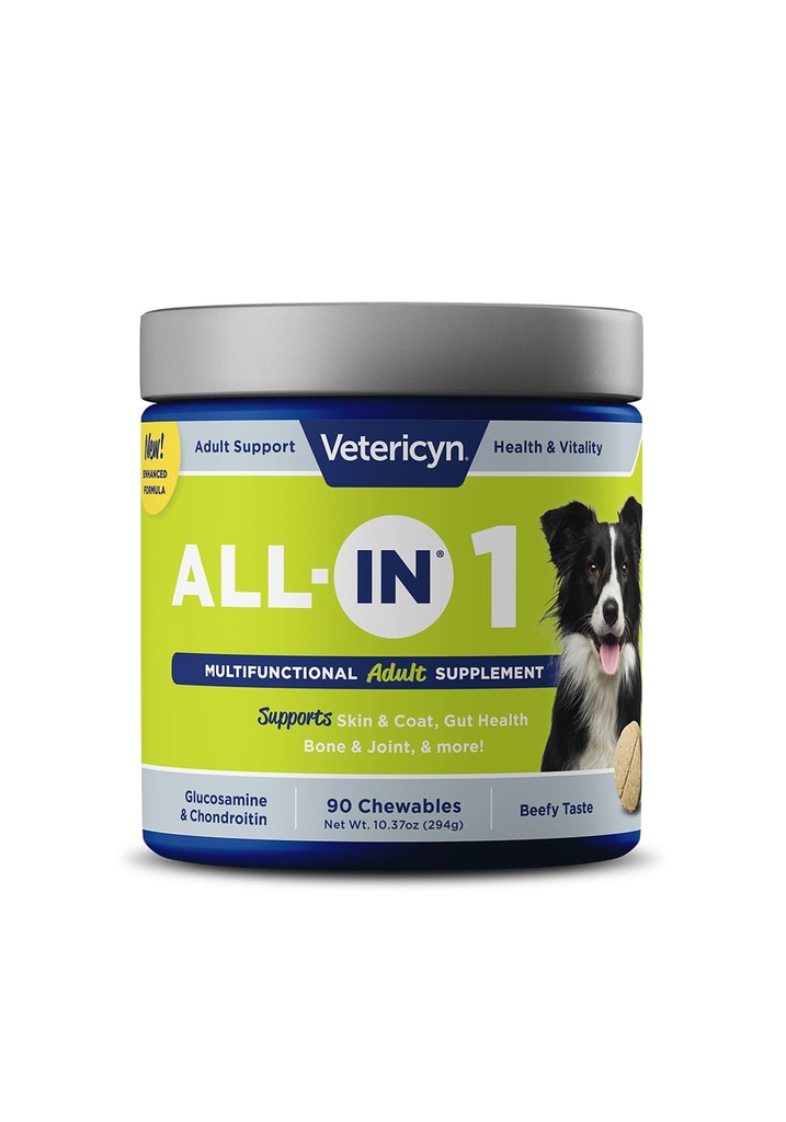 Vetericyn All-in 1 Multifunctional Dog תוסף | Digestive Enzymes + Glucosamine ו Chondroitin עבור העצם ותמיכה משותפת + ויטמינים, Antioxidants, Prebiotics, Probiotics, אומגה. 90 Count