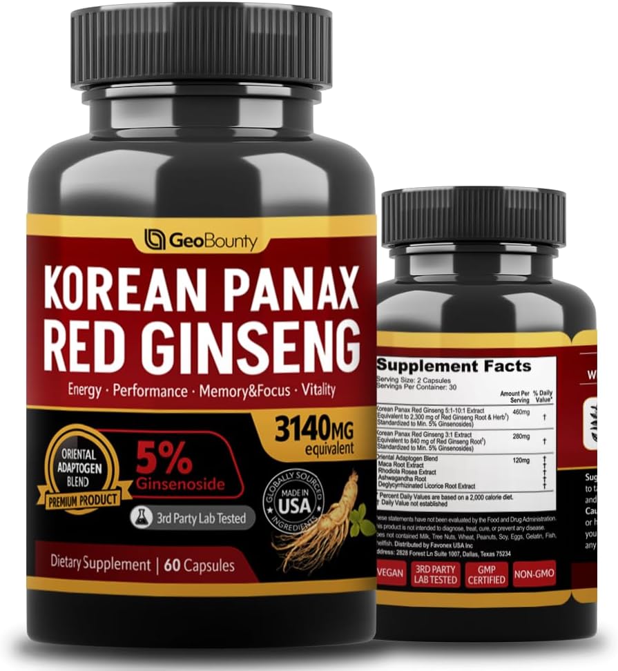 Panax Red גינזנג, Red גינזנג תוספי Premium 3140 מ"ג (Ginsenoside 5%) קוריאני Red גינזנג Intensive 60 קפסולות (Maca Root) Made בארה"ב
