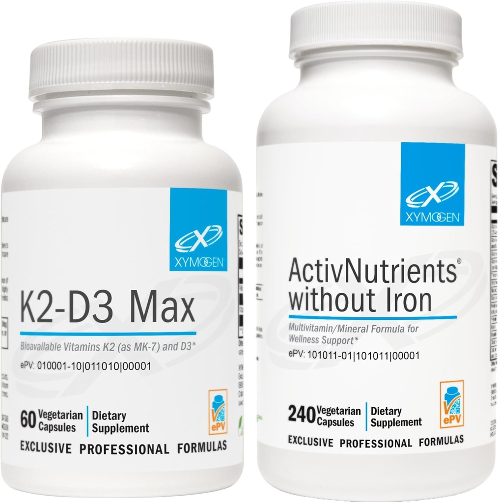 XYMOGen ActivNutrients Without Iron (240 קפסולות) + K2-D3 מקס (60 קפסולות) - Multivitamin for Energy and Mood Support with ויטמין D 5000 IU כמוסות + ויטמין K2-D3