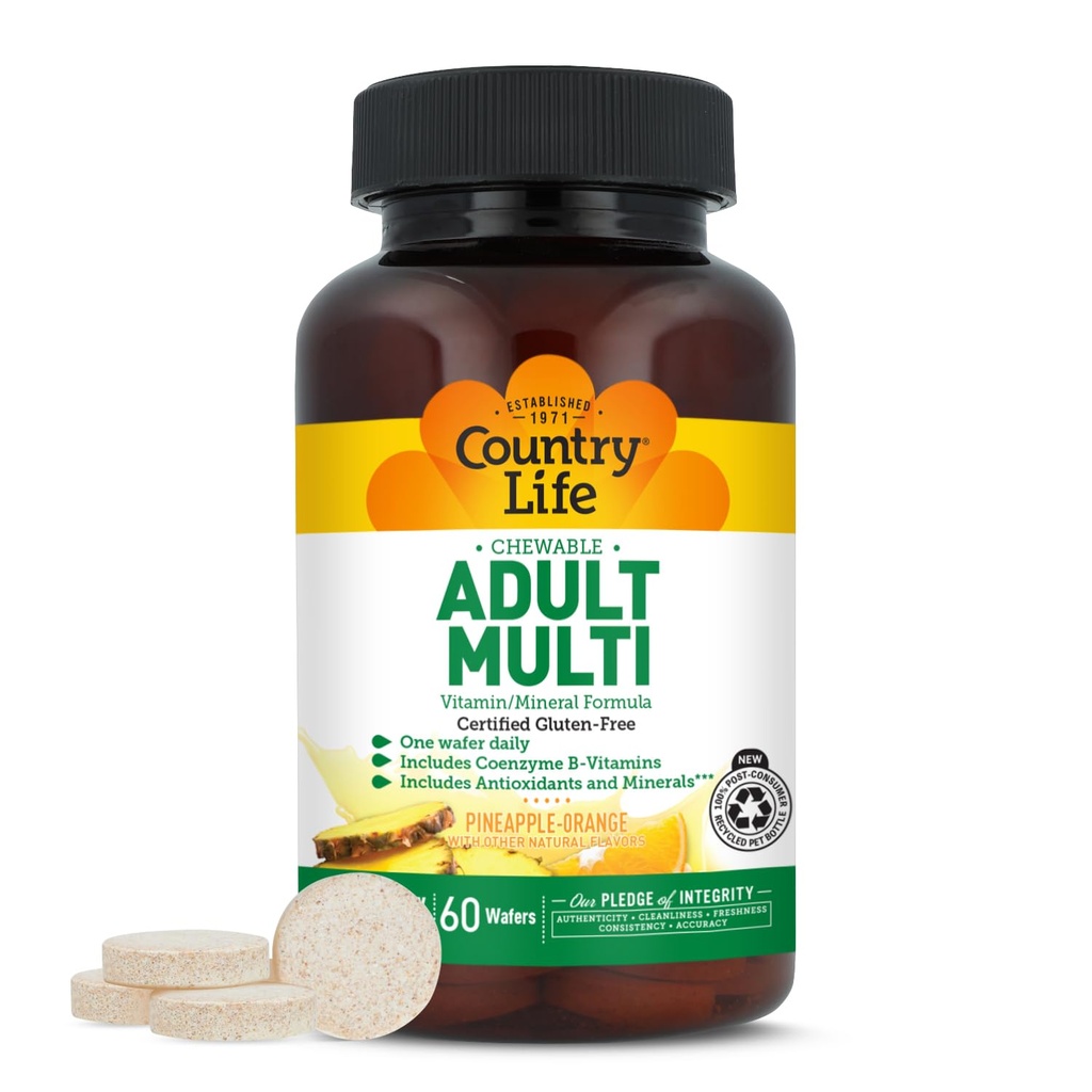המדינה חיים בוגרים Chewable Multivitamin עם Coenzyme B-Vitamins, Antioxidants, מינרלים, Pineapple-Orange Flavor - תומך אנרגיה metabolism ובריאות החיסון, גלטן חינם - 60 Wafers