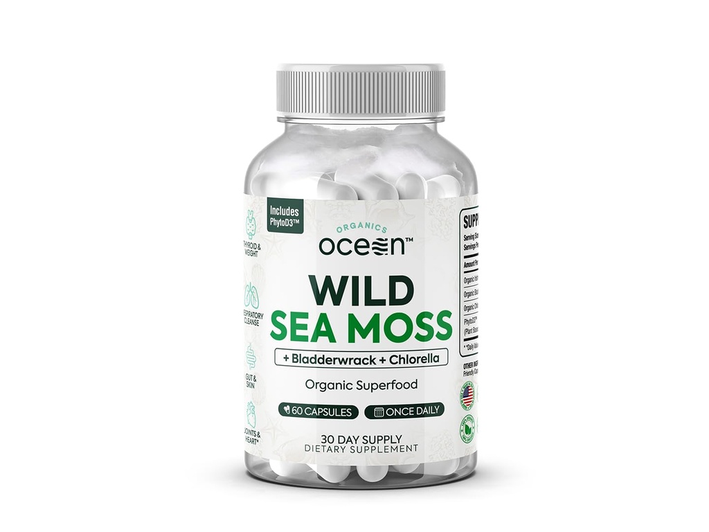 אורגנים Ocean Wild Sea Moss כמוסות - 100% מים איריים אורגניים Mosss עם אורגני Chlorella, Bladderwrack ויטמין D עבור אנרגיה, Lung Health ותמיכה Thyroid לנשים וגברים - 60 קפסולות