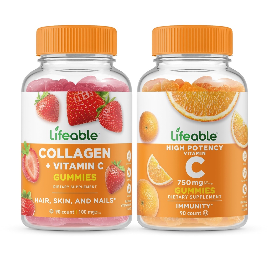 Lifeable Collagen & ויטמין C + ויטמין C 750 מ"ג, חניכיים בונדלה - גדול Tasting, ויטמין תוסף, Gluten Free, GMO Free, Chewable Gummy