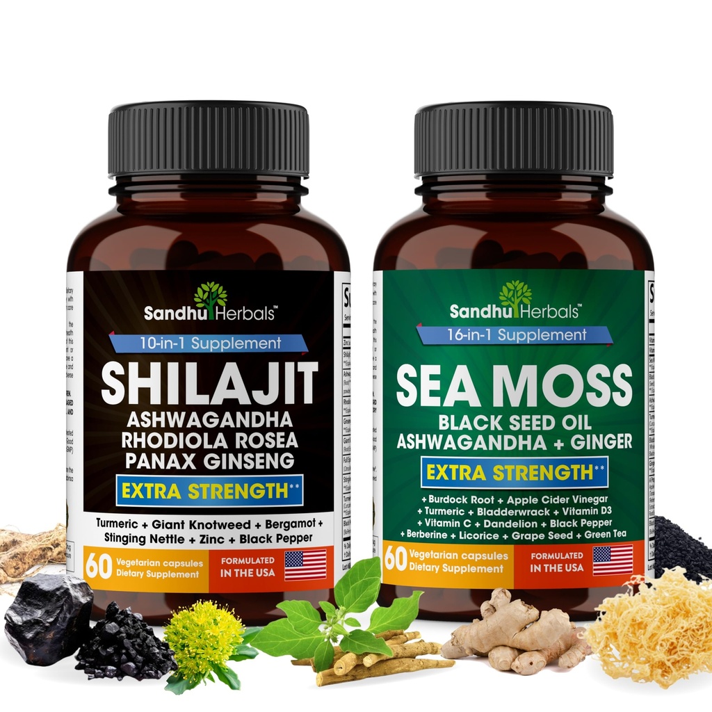 Shilajit Sea Mos Ashwagandha Combo Bundle - שחור Seed שמן, Turmeric, Rhodiola Rosea, Panax, Geneseng תוספי | 120 קפסולות, Better Than Gummies, Resin | Seamos עבור גברים ונשים