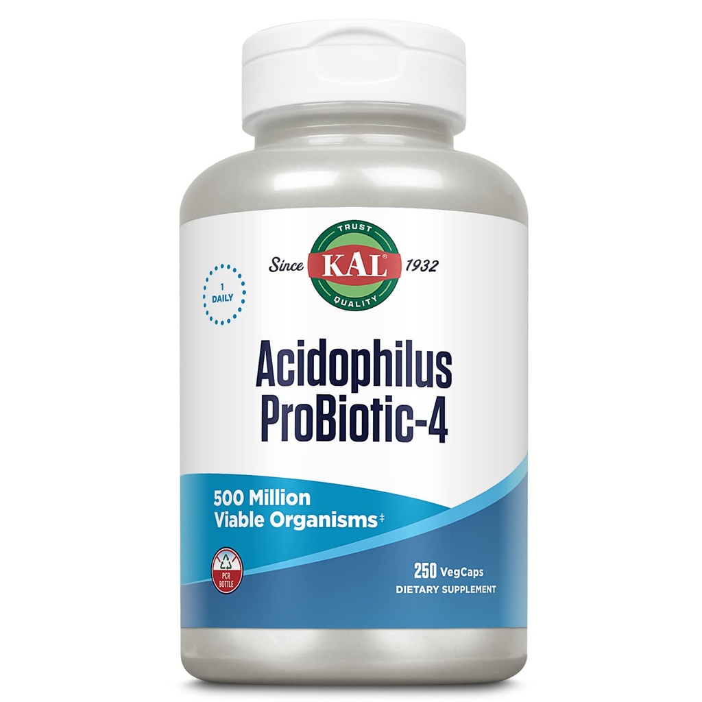 KAL Acidophilus ProBiotic-4, 500 מיליון CFUs, ארבעה Probiotic Strains, Probiotics for Women and Men, Freeze Dried, L. acidophilus, L. bulgaricus, S. thermophilus, B. bifidum, 250 משרתים, 250 VegCaps