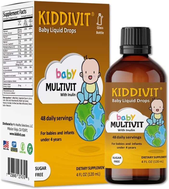 Kiddivit Baby Multivitamin נוזל טיפות עם Inulin - 48 מנות יומיות, 4 Fl Oz (120mL) - Glass Bottle - Sugar Free, Gluten Free, Vegetarian Friendly