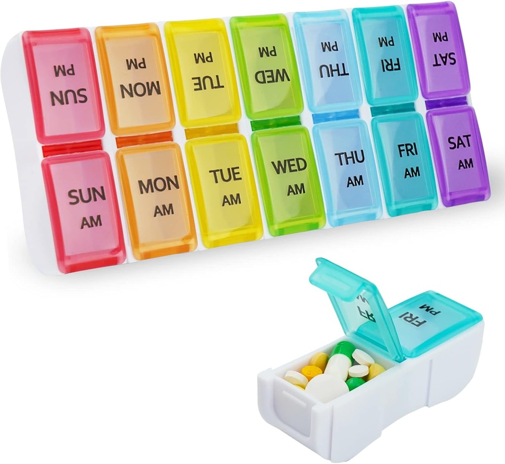 DailyRest Pill מארגנת 2 פעמים ביום, Pill Box 7 Day, AMPM Pill Case, Detachable Weekly Pill Container, Rainbow See- Through Lids, Travel Portable Medicine Container for Pill/Vitamins/Supplements