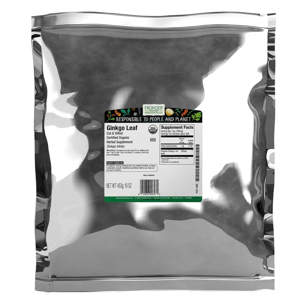 Frontier Co-op Organic גינקו Leaf, 1lb Bulk Bag, Cut and Sifted | Dried גינקו בילובה | אידיאלי לשימושי תה וצמח, כשר כשר