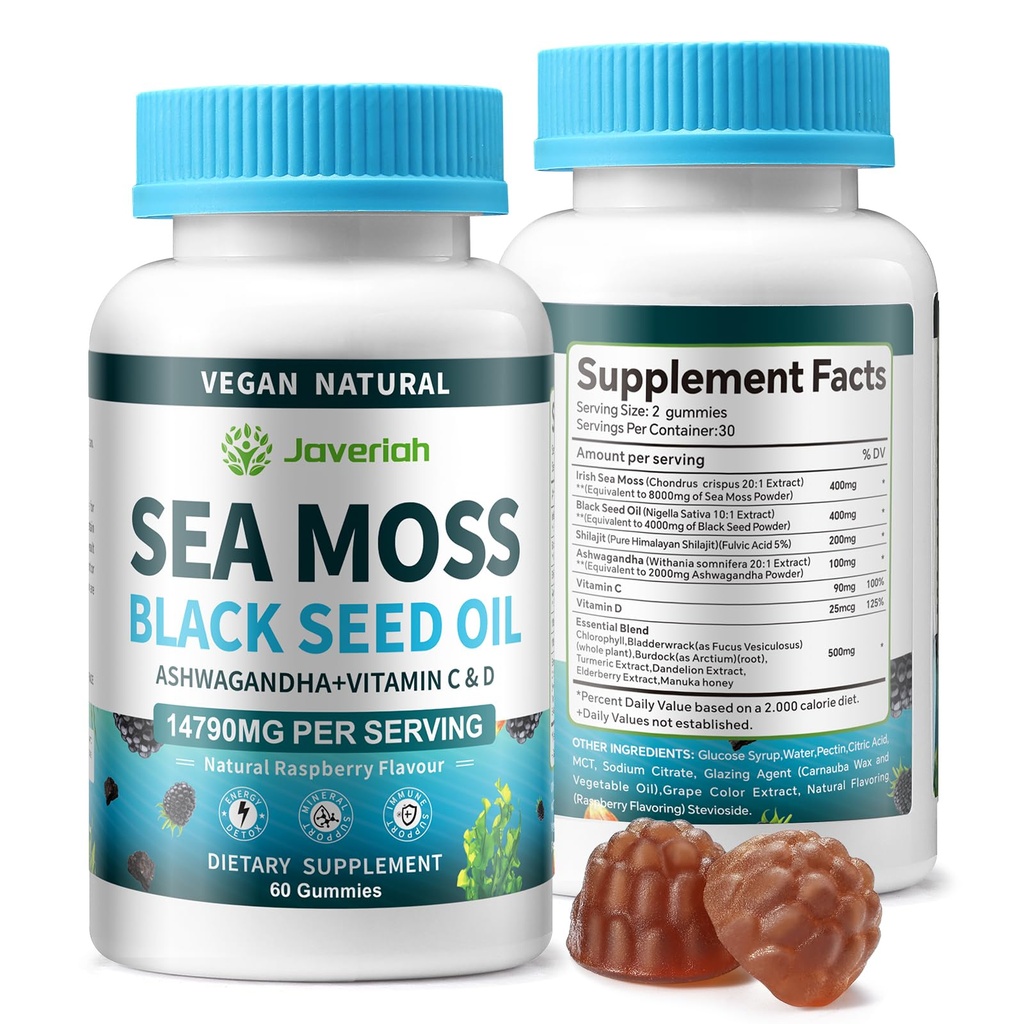 טבעוני Ashwagandha Sea Moss Gummies - Black Seed Oil, ויטמין C & D עבור תמיכה Immune, Digestive, Antioxidant 13 ב 1 Bundle, Sea Mos Chlorophyll מתקדם כוח פורמולה 2Pack 120 חניכיים