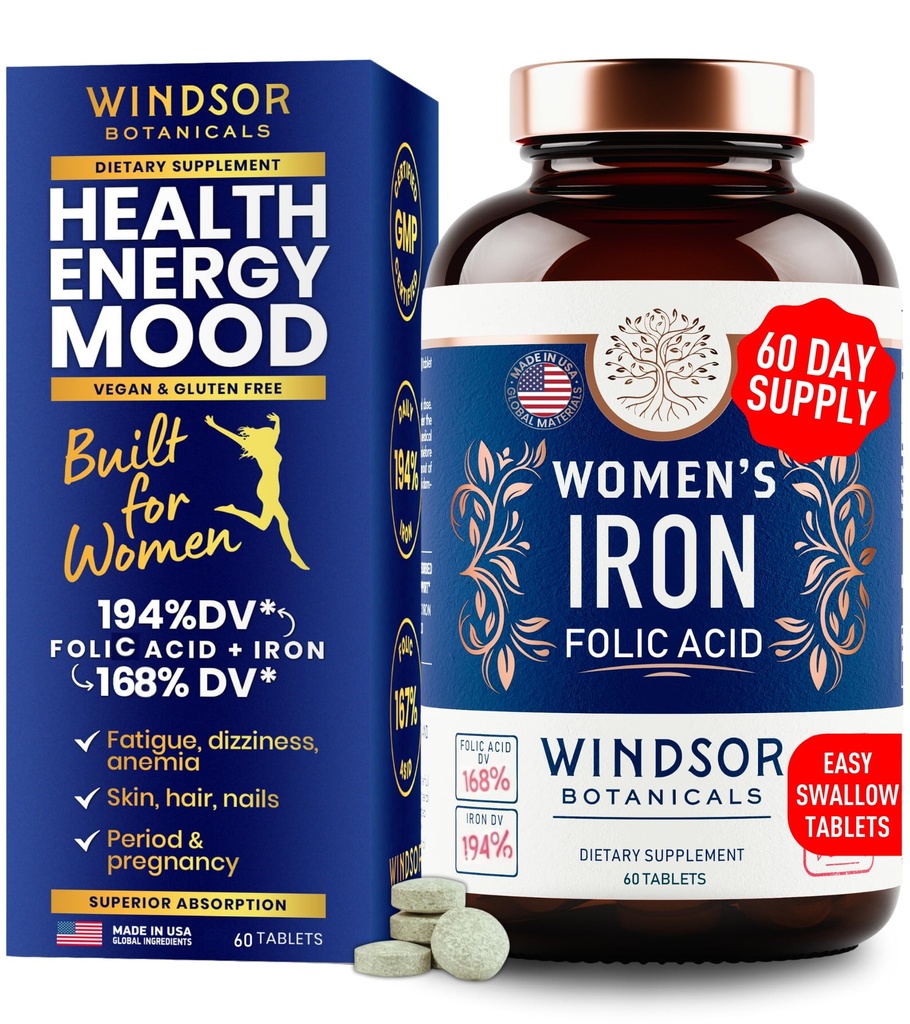 ברזל ו Folic Acid תוספי עבור נשים - 35 מ"ג Gentle Iron ויטמין, Folic Acid 400mcg - אנמיה, תקופת, תוספת תמיכה הריון, פרייזר Sulfate Pills - 60 טבעונית ללא עצירות טבליות