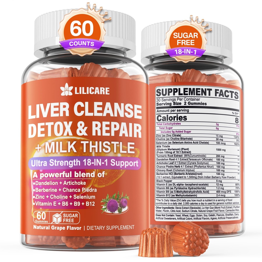 1Pack Milk Thistle Liver Detoxmies, 18-in-1 Liver ניקוי של Detox & תיקון תוספת עם Berberine, Chicory Root, Turmeric, Artichoke, Dandelion Root, Chanca Piedra, ויטמינים B6 B12 - סוכר חינם שורש