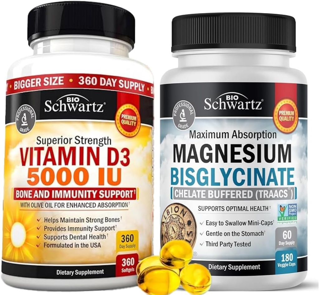 ויטמין D3 5000 IU 125 mcg (1 שנה אספקה) פלוס גבוה Absorption Magnesium Bisglycinate כמוסות (2 חודשים אספקה)