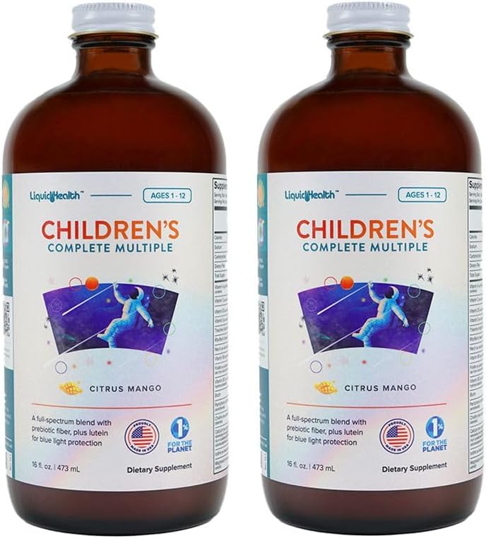 LIQUIDHEALTH Children's Complete Liquid Multivitamin for Kids, טודלרים - ויטמינים חיוניים, חומרים מזינים ומינרלים, תמיכה במזל, Gut Health - Made in the USA, Vegan, non GMO, Sugar-Free (2 Pack)