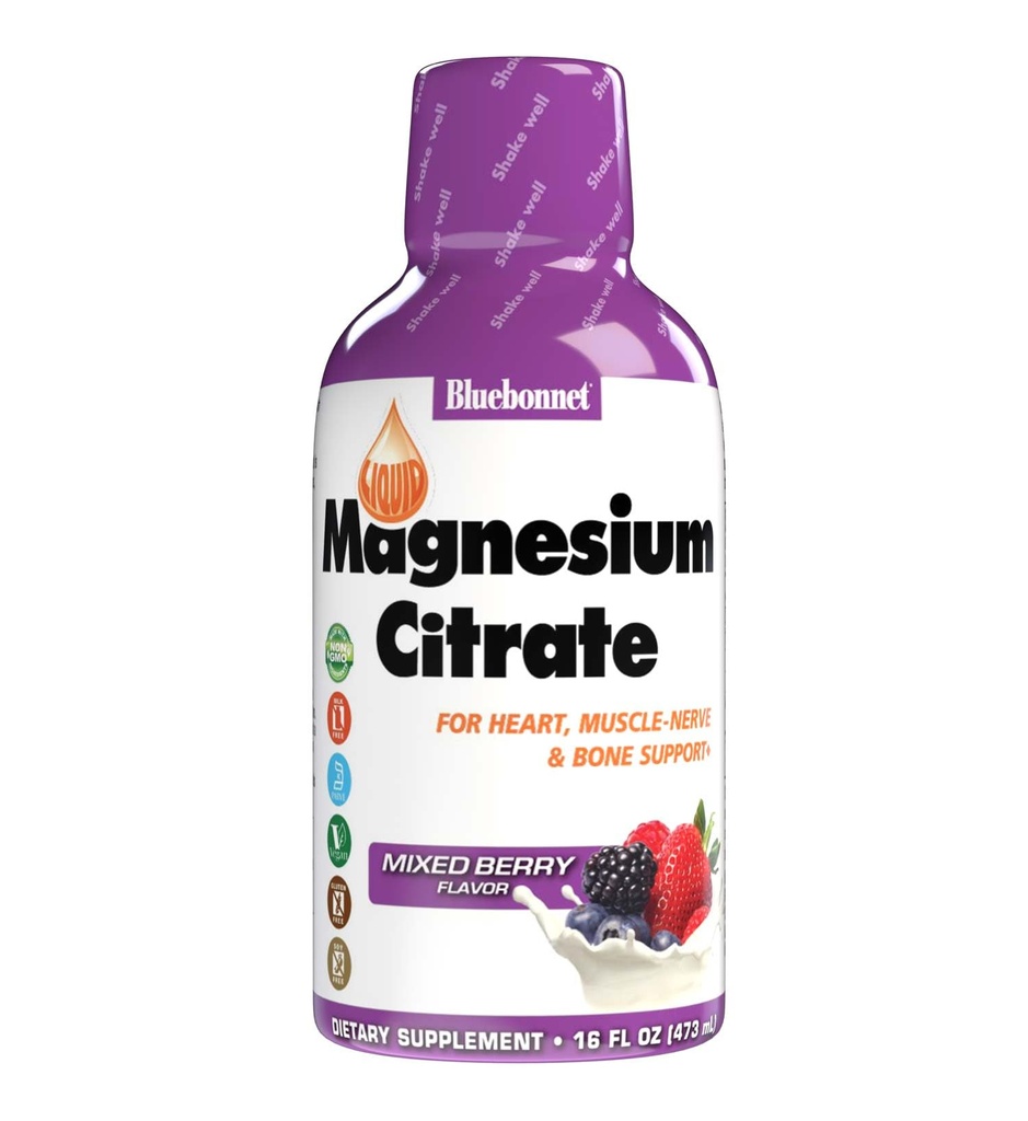 Bluebonnet Nutrition Magnesium Citrate 420 מ"ג - Calm Mind & Body * - תומך בלב, שריר ושינה * - Non-GMO, טבעוני, כשר, חופשי כל כךי, ללא חלב - 16 FL OZ, מעורב ברי פלמור