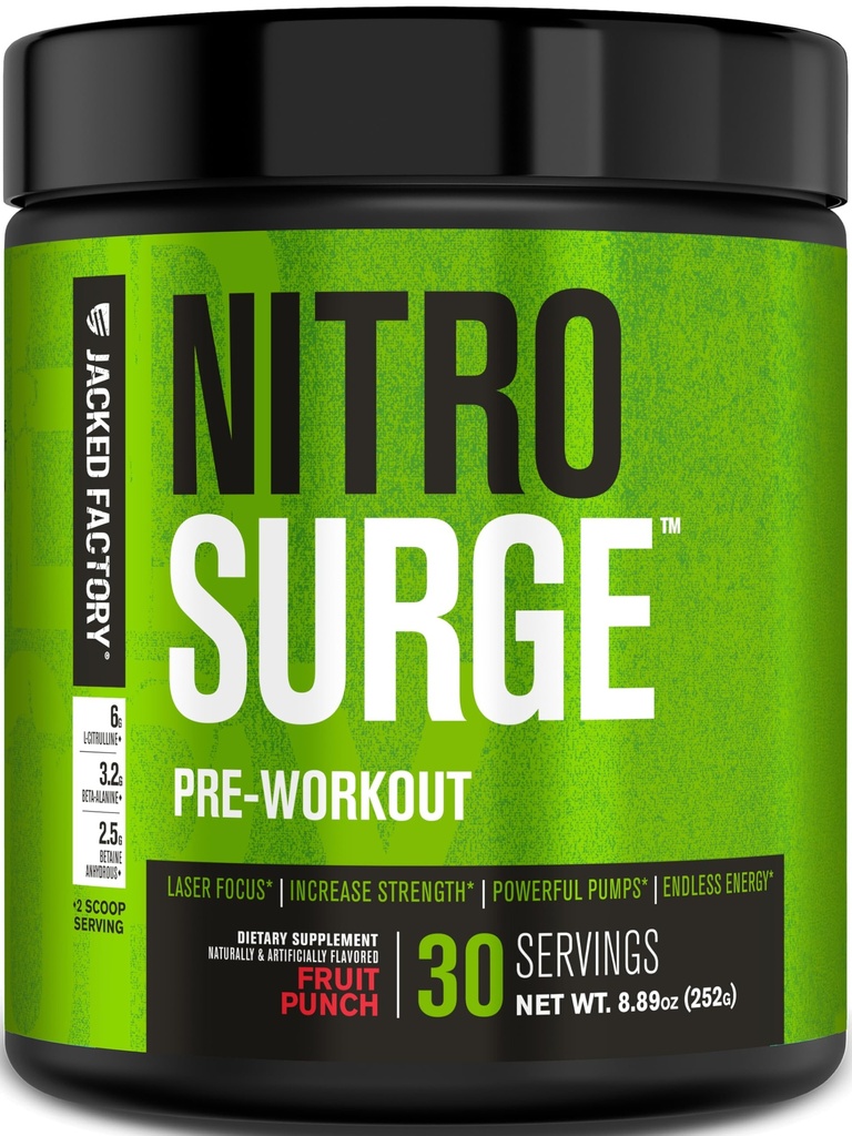 ג'קד מפעל NITROSURGE Pre Workout תוסף - אנרגיה חסרת סוף, מקבלי כוח מיידי, Clear Focus & Intense Pumps - NO Booster & Powerful Preworkout אנרגיה אבקה - 30 משרתים, פירות פונץ '