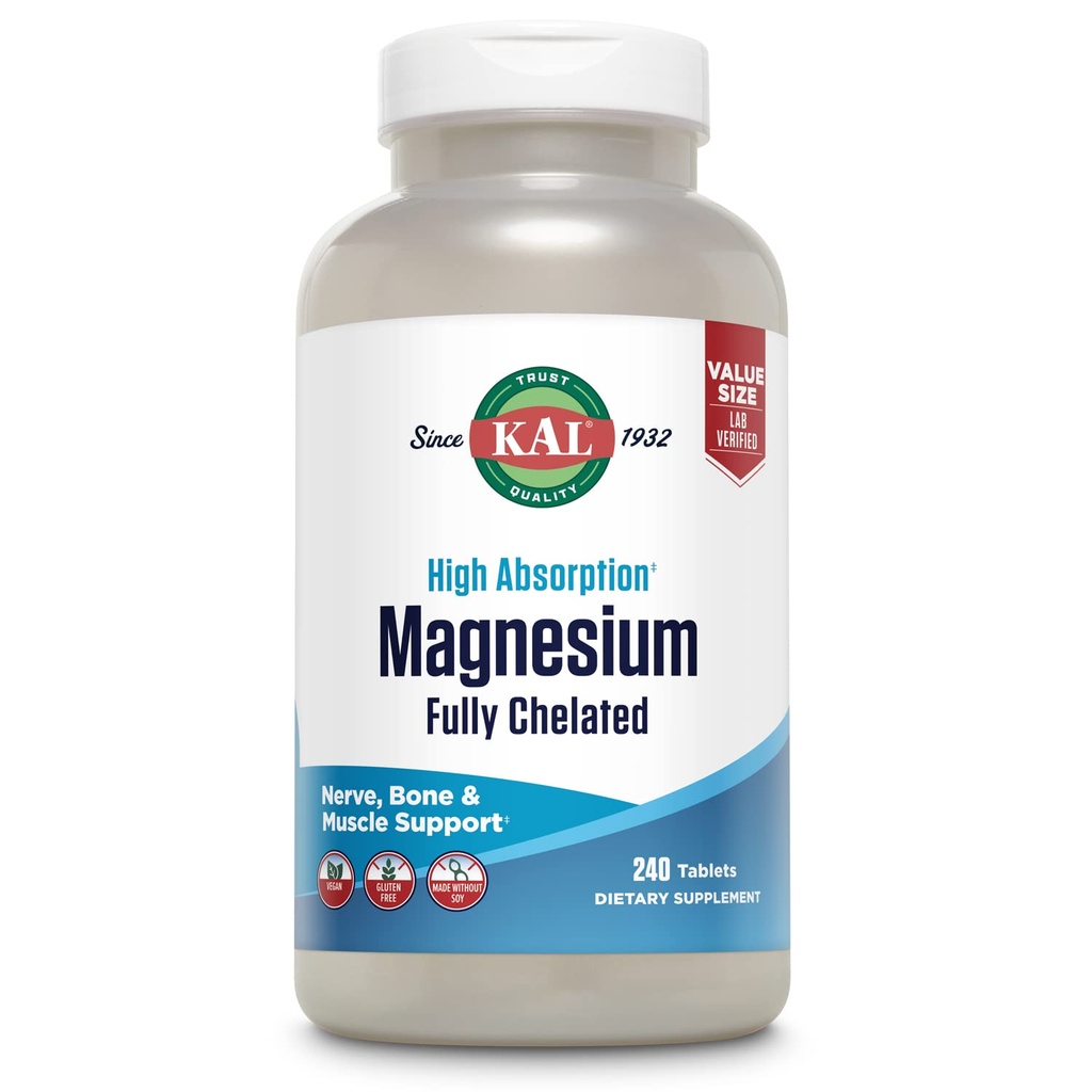 KAL Magnesium Glycinate Tablets, Fully Chelated, High Absorption פורמולה עם Magnesium Bisglycinate Chelate for Nerve, שריר ועצמות בריאות תמיכה, טבעוני, Gluten חינם, גודל ערך, 240 טבליות
