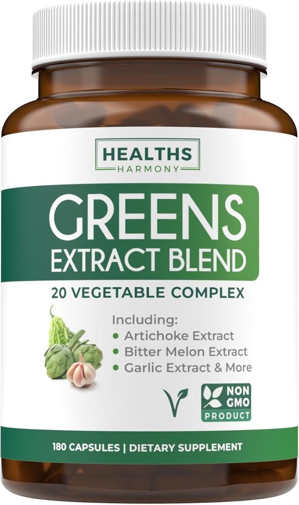 Super Greens Antioxidants Superfoods 2250 מ"ג תוסף - 20 Ingredients with Sprouts, Mushrooms, Roots, Garlic, Bitter Melon, Artichoke, Celery Seed, קייאן פלפל, אלפאפלמה NON GMO - 180 קפסולות