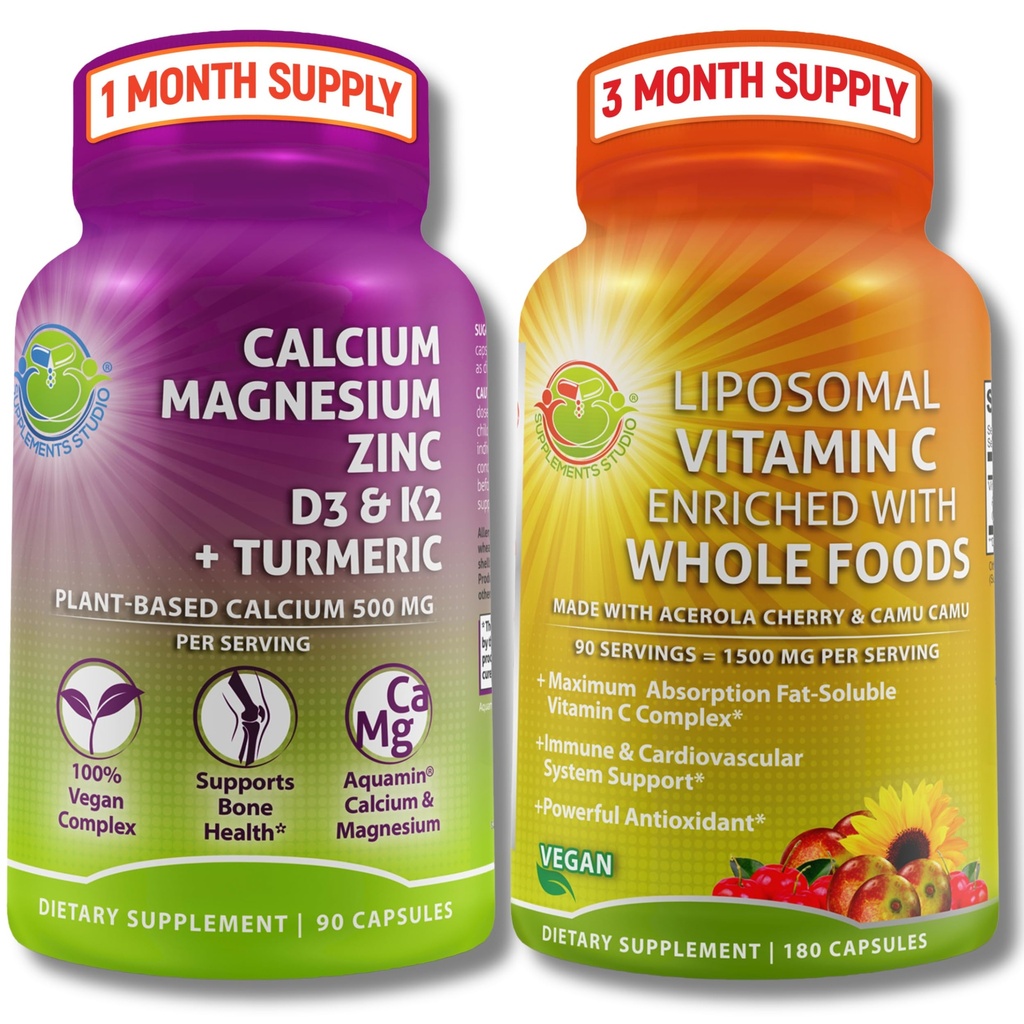 צמחי מבוסס העצם & Immune תמיכה תוסף Bundle - Liposomal ויטמין C 1500 מ"ג עם אורגני Acerola & Camu + Calcium Magnesium Zinc עם ויטמין D3, K2 & Turmeric - טבעוני, non-GMOMO ו- Camu + Calcium Magnesium Zinc עם ויטמין D3, K2 & Turmeric - טבעוני, Non-GMO