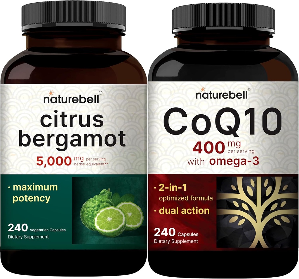 NatureBell CoQ10 400 מ"ג קפסולות עם אומגה 3 Fatty Acids & Citrus Bergamot Veggie קפסולות 5000 מ"ג Equivalent Bundle Pack | Stable High Absorption Form | High Antioxidant Level