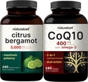 NatureBell CoQ10 400 מ"ג קפסולות עם אומגה 3 Fatty Acids & Citrus Bergamot Veggie קפסולות 5000 מ"ג Equivalent Bundle Pack | Stable High Absorption Form | High Antioxidant Level