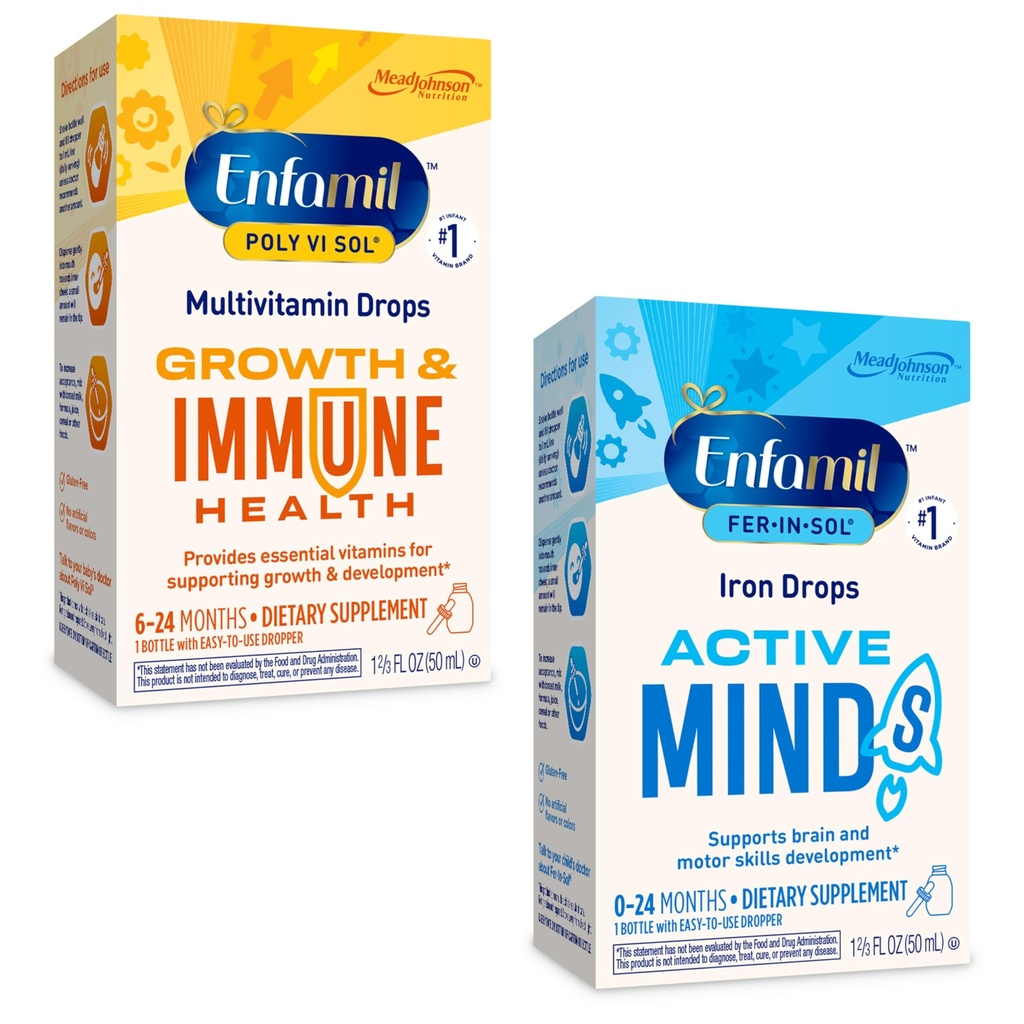 Enfamil Poly-Vi-Sol ו- Fer-in-Sol Iron נוזל Drop Multivitamin תוספי תינוקות ופעוטות, 2x50 mL Dropper בקבוק