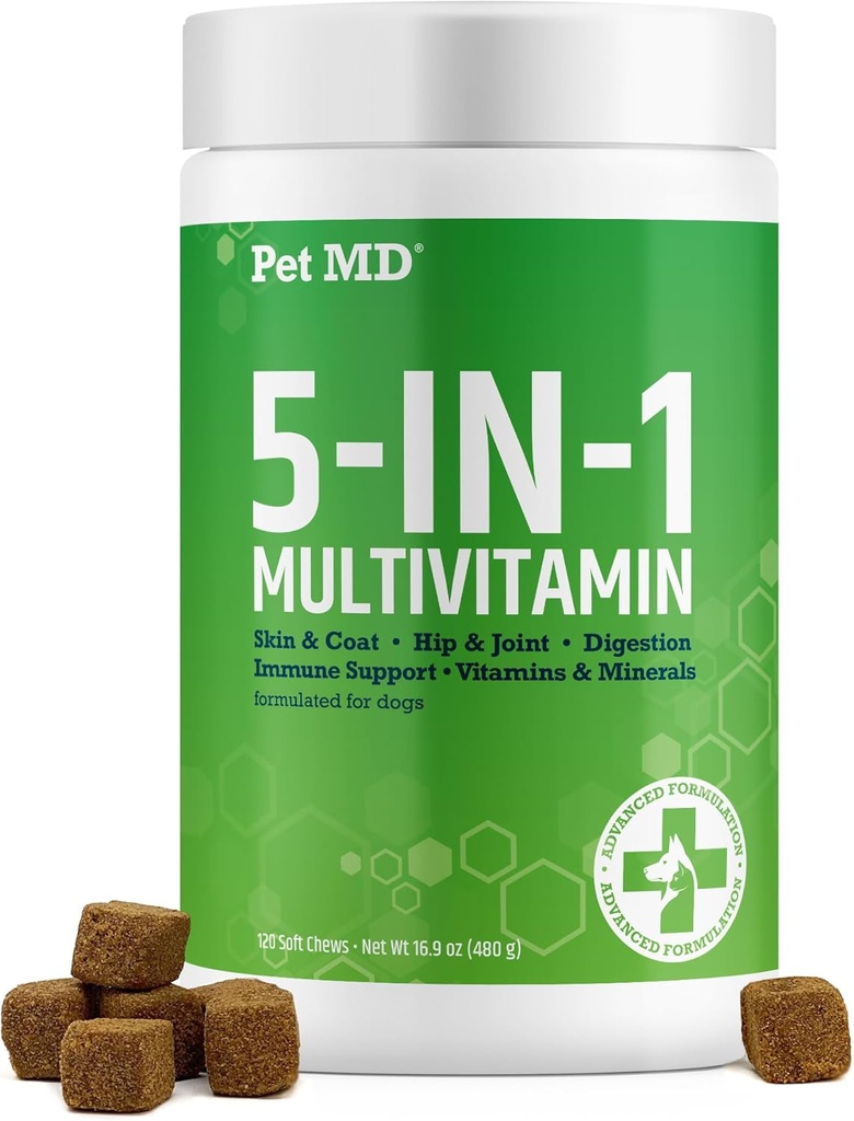 Pet MD 5in1 כלב Multivitamin - 30 ויטמינים חיוניים, מינרלים וחומרים מזינים עבור Skin & Coat, Hip & Joint, Digestion, Immune & בכיר ויטמינים - Glucosamine, אומגה 3 9 ו פרוביוטיקה - 120 ct ct ct & Common, Digest