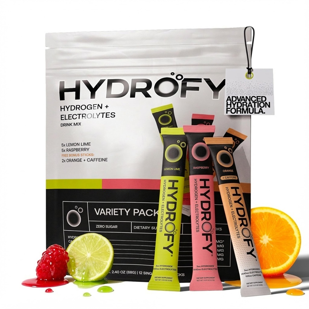 הידרופי הידרוגן מים + אלקטרוליטים לשתות Mix - Variety Pack | H2 hydrotion Packets עם Molecular Hydrogen, Sodium, Potassium, Magnesium | לימון, Raspberry, Orange + Caffeine | 12 Count Count Count Count