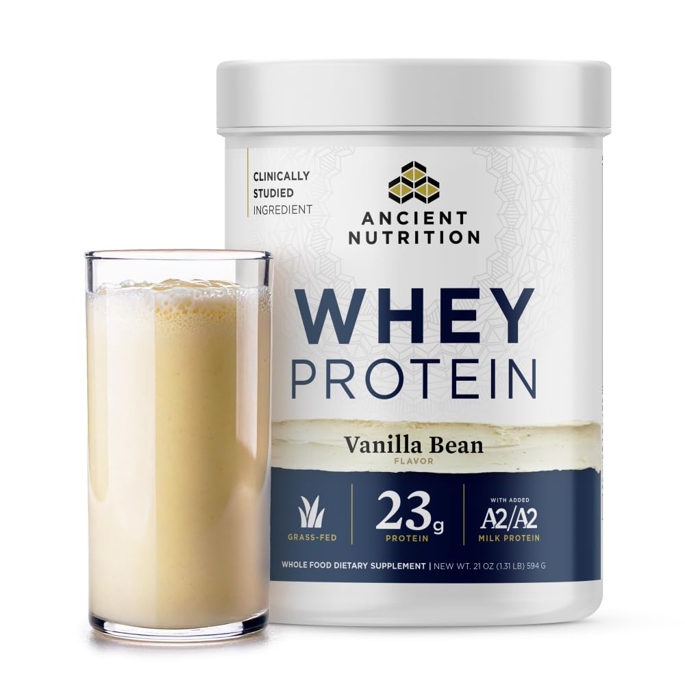 תזונה עתיקה Grass פד Whey חלבון, Vanilla Bean, 23g חלבון, 20 משרתים, hydrolyzed Collagen פפtides, אורגני Regenerative A2 / A2 חלב חלבון