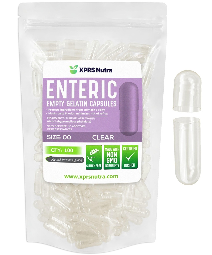 XPRS Nutra Size 00 קפסולות ריקות - 100 Count Clear Enteric Coated Empty Gelatin קפסולות - Delayed Release Pills - כמוסות DIY מילוי - Pure Bovine ריקה Enteric Gel Caps