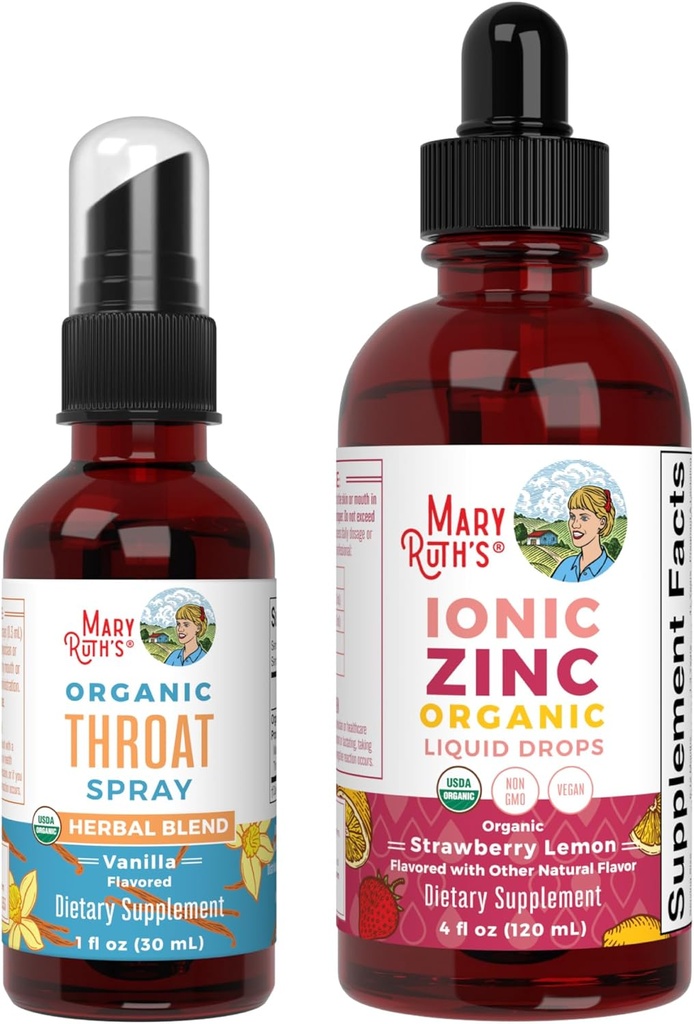 MaryRuth Organics גרון Spray (Vanilla) & Zinc Drops (Riawberry לימון) | USDA אורגני, נקי תווית פרויקט מאומת ® | ויטמינים עבור סיוע בגרון, חסינות ובריאות כללית | טבעונית, Non-GMO