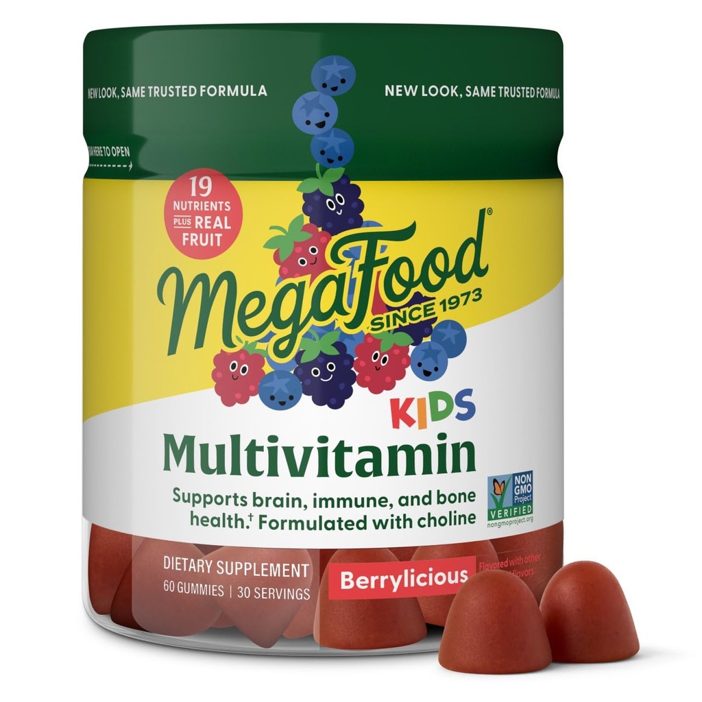 Mega Food Kids Multivitamin Gummies - ילדים ויטמינים - גיל 4 עם ויטמין C, ויטמין D, Zinc, Choline, ו- Real Fruit - Brain & Immune Support - בריידיול - 60 מסטיקים (30 משרתים)