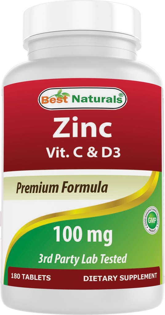 Best Naturals Zinc 100 מ"ג עם ויטמין C & D3 180 טבליות Gluten חינם ולא-GMO