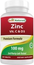 Best Naturals Zinc 100 מ"ג עם ויטמין C & D3 180 טבליות Gluten חינם ולא-GMO