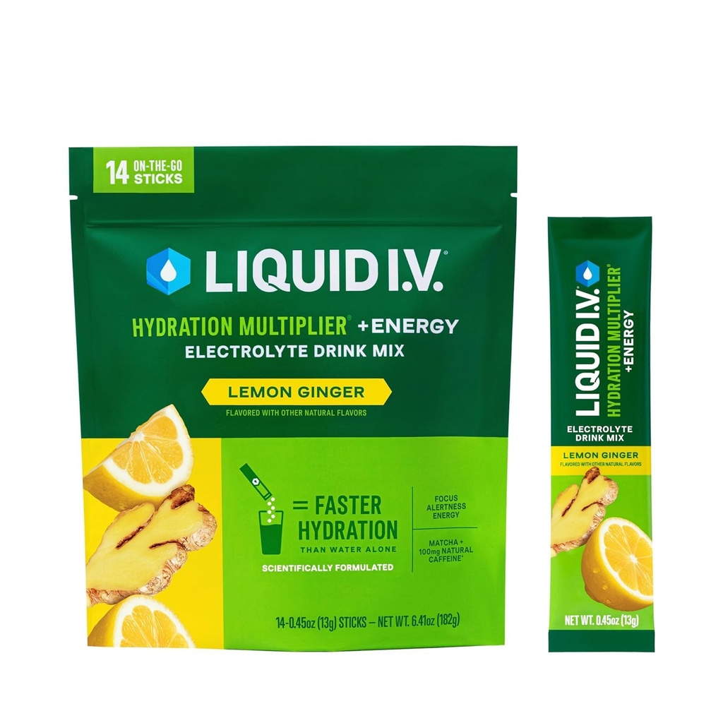 נוזל I.V. hydrotion Multiplier +Energy - לימון ג'ינג'ר | אבקת אלקטרוליטה שתי לערבב | 1 Pack (14 משרתים)