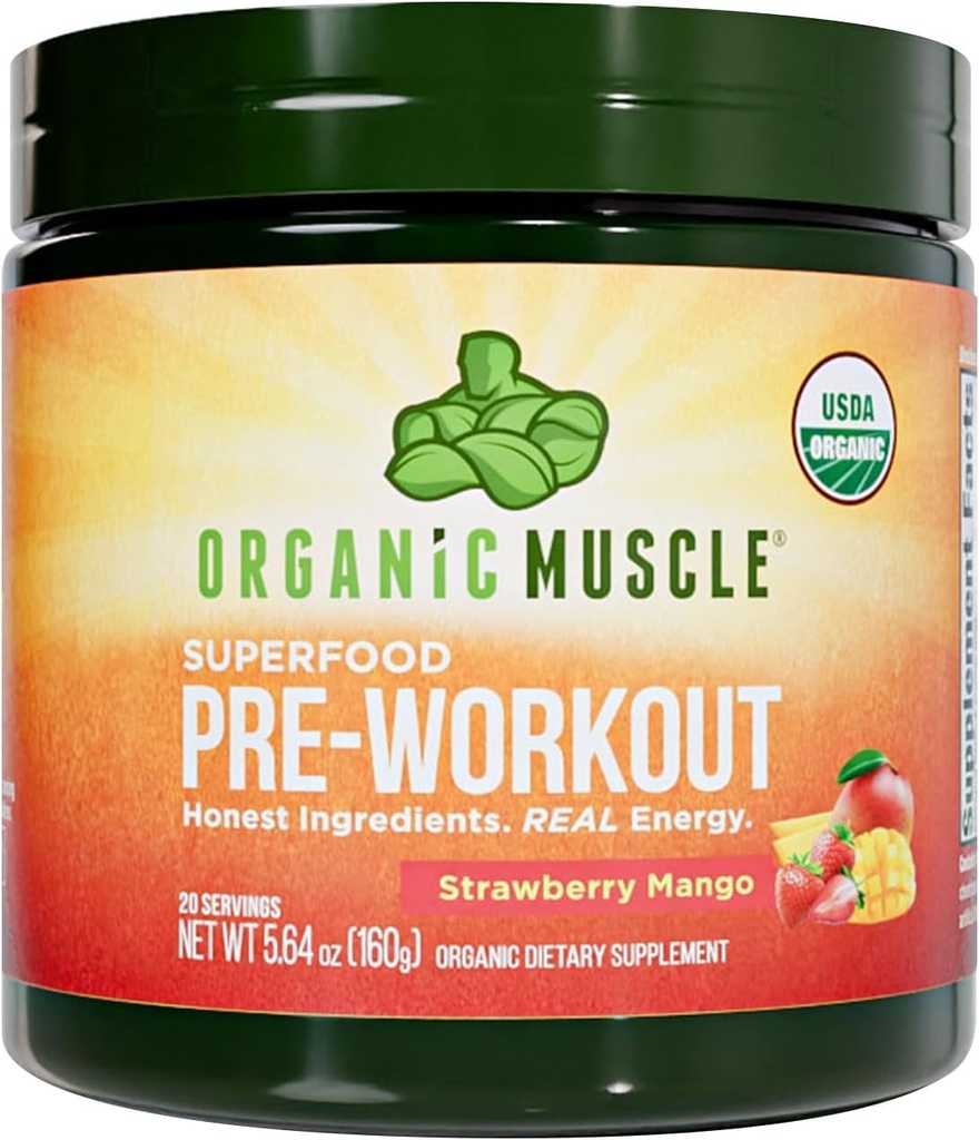 Organic Muscle Organic Pre Workout Powder, Strawberry Mango — USDA Organic Superfood Blend | Maca, Beet Root, Cordyceps, Rhodiola | 150mg Natural Caffeine, Vegan, No Jitters, 20 Servings