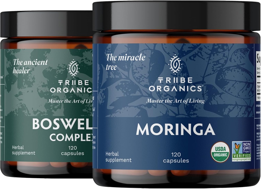 TRIBE ORGANICS Vitality Duo - Boswellia Complex - Moringa - עבור תמיכה משותפת, הקלה שרירים, אנרגיה, ירידה במשקל, תפקוד המוח
