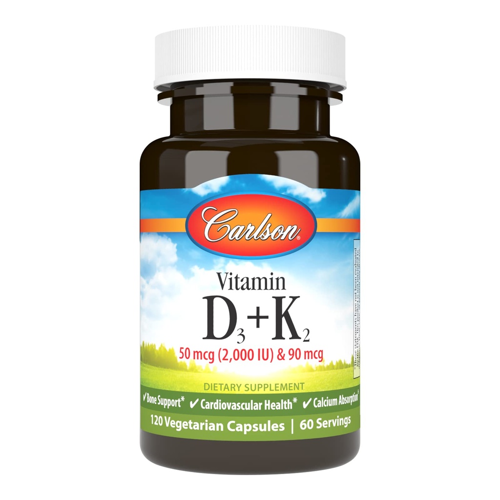 קרלסון - ויטמין D3 + K2, 50 mcg (2000 IU) ויטמין D3 & 90 mcg ויטמין K2 כמו MK7, תמיכה העצם, Calcium Absorption, 120 קפסולות