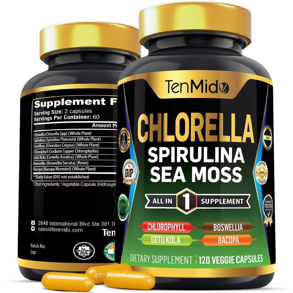 תוסף Chlorella לגברים ונשים - 7in1 פורמולה עם Spirulina, Sea Moss, Chlorophyll, Gotu Kola, Boswellia & Bacopa - Immune Support - עשיר בחומר מזינים, ויטמינים - 120 קפסולות