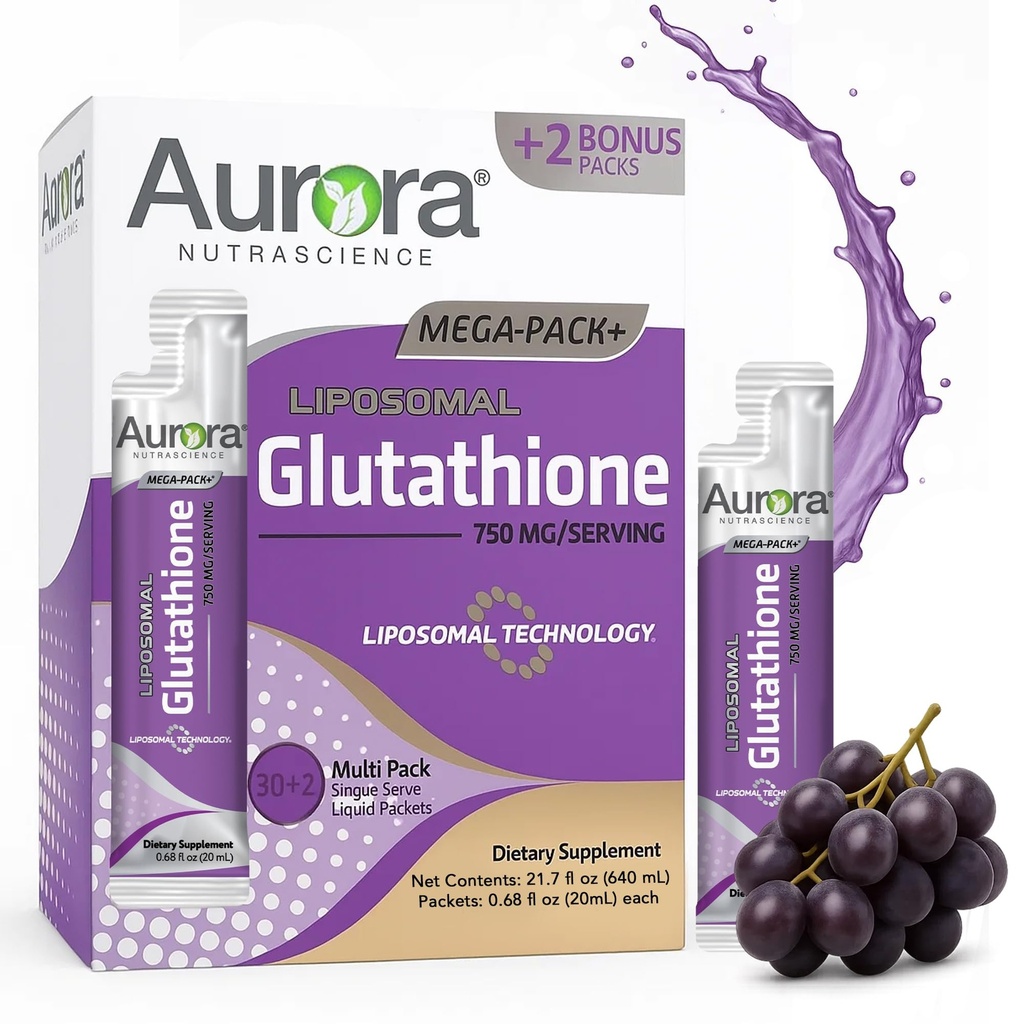 אורורה Nutrascience Mega-Liposomal נוזל Glutathione, Immune & Antioxidant Gut Health Support Supplement, 750 מ"ג עבור שירות, non-GMO, Sugar-Free, 32 Single Serve Packets