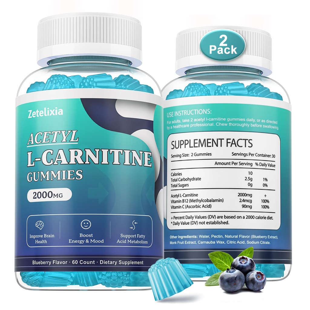 2 Pack Sugar Free Acetyl L-Carnitine Gummies, L-Carnitine תוסף עבור נשים וגברים, עם ויטמין C & B12, ALCAR for Energy, Brain & Heart Health Support, טבעוני, non-GMO, 120 הרוזן