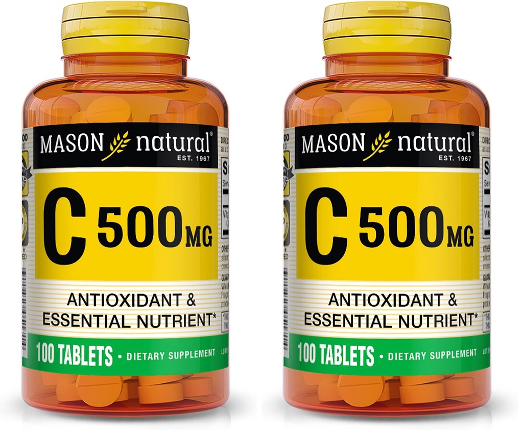 MASON NATURAL ויטמין C 500 מ"ג - תמיכה מערכת החיסון בריאה, אנטיקסידנט וחומרי תזונה חיוניים, 100 טבליות (Pack of 2)