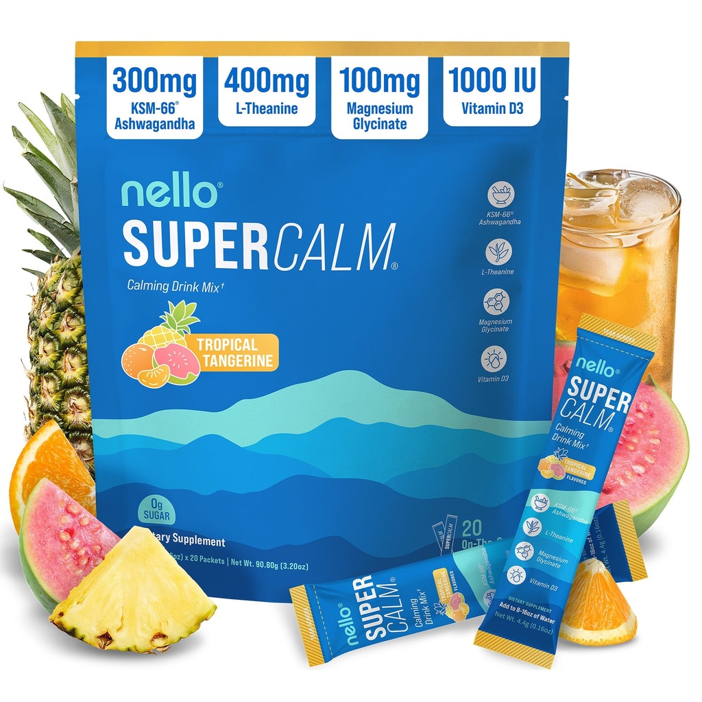 Nello Supercalm אבקת שתייה Mix, Tangerine טרופי, L Theanine, Ksm-66 Ashwgandha, Magnesium Glycinate, ויטמין D 3, תוספי מזון להרגעה ומקד, טבעי, No Sugar, non GMO, 20 Srvggggggggggg