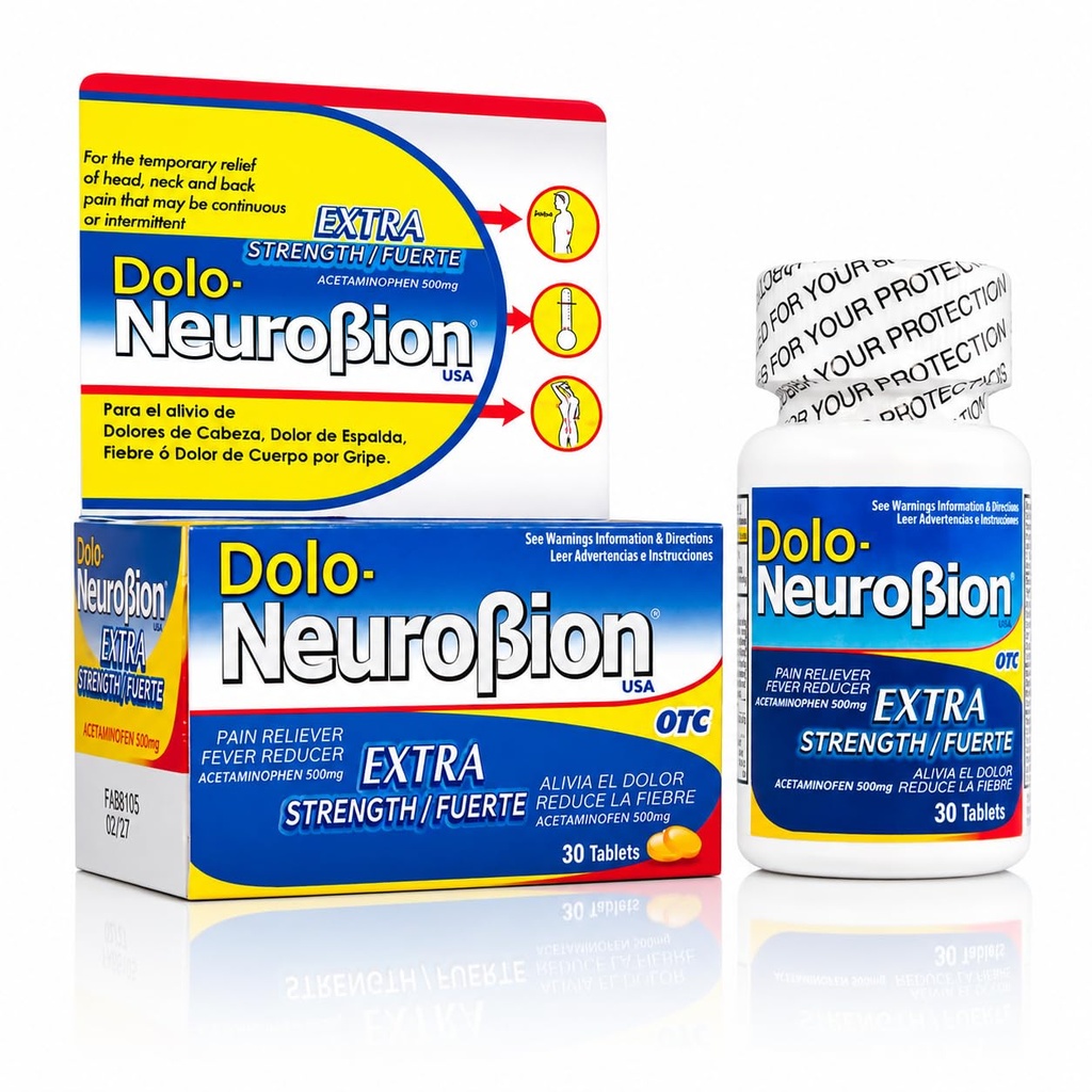Dolo Neurobion 30 טבליות - Pain Reliever, Fever צמצם, כוח נוסף, Fuerte, Alivia el Dolor, הקטנת la Fiebre