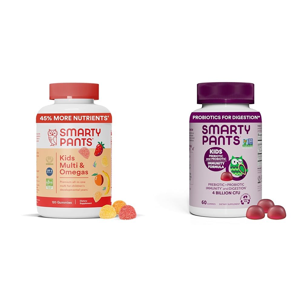 SmartyPants Kids Multivitamin Gummies ו Probiotic Immunity Bundle: אומגה 3 שמן דגים (EPA / DHA), ויטמין D3, C, ויטמין B12, B6, Digestive & Immune תוספת תמיכה (30 יום אספקה)