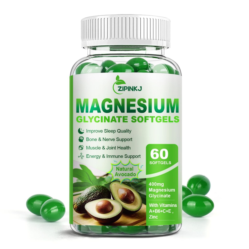 Magnesium Glycinate 400 מ"ג, גבוה Absorption Magnesium תוספי Softgels עם ויטמין E, B6, Zinc for Sleep, Calm, הרפיה שרירים ובריאות העצם, Gluten-Free, non-GMO, 60 רציפים