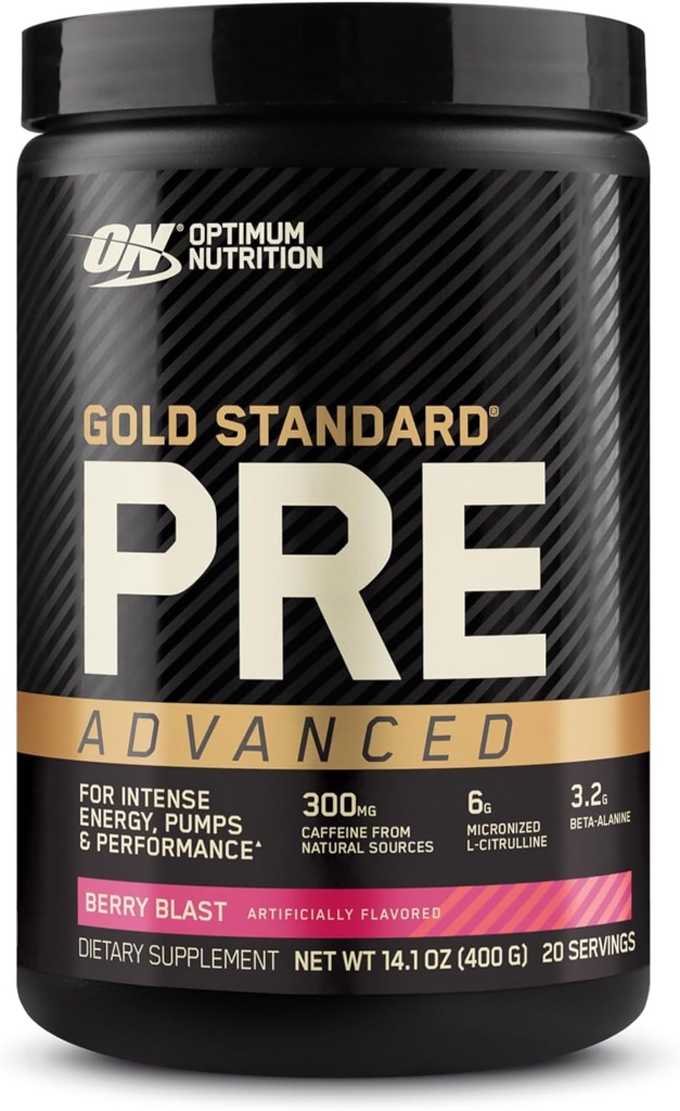 Optm Nutrition Gold Standard Pre Workout מתקדם, עם Creatine, Beta-Alanine, Micronized L-Citrulline וקפאין לאנרגיה, Keto Friendly, ברי Blast, 20 משרתות
